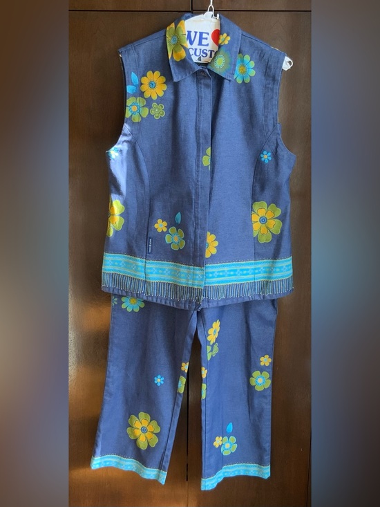 Simon Chang Pants - SIMON CHANG Retro Denim Floral Vest & Pant Set